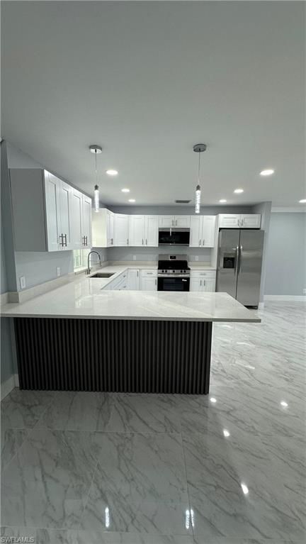 Interior, Kitchen, Marble, Pendant Lights, Recessed Lighting, Stainless Steel Appliances