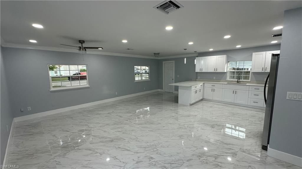 Empty room, Interior, Kitchen, Marble, Recessed Lighting