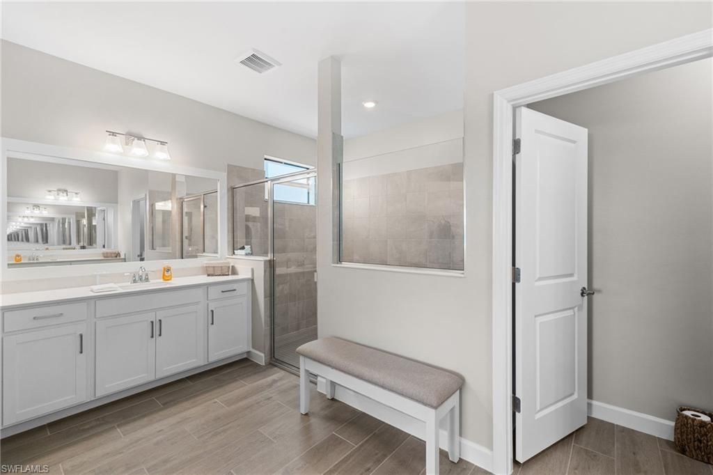 Bathroom, Glass Shower, Interior, Recessed Lighting, Wood Texture Flooring