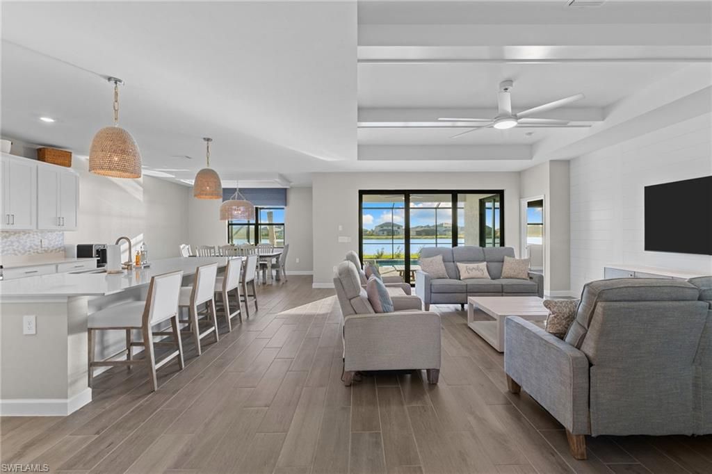 Dining room, Interior, Kitchen, Living room, Pendant Lights, Recessed Lighting, Water, Wood Texture Flooring