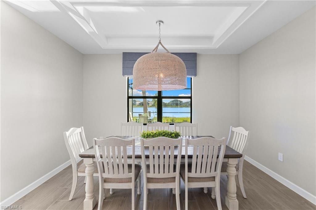 Dining room, Interior, Pendant Lights, Water, Wood Texture Flooring