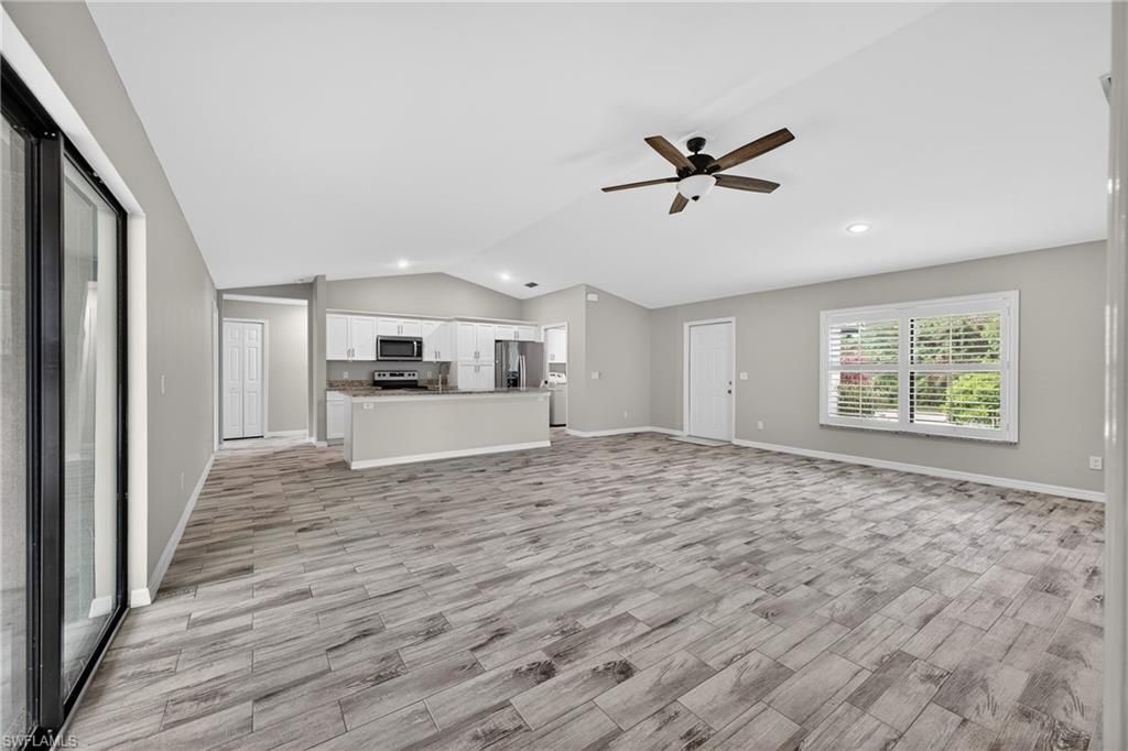 Empty room, Interior, Kitchen, Recessed Lighting, Wood Texture Flooring