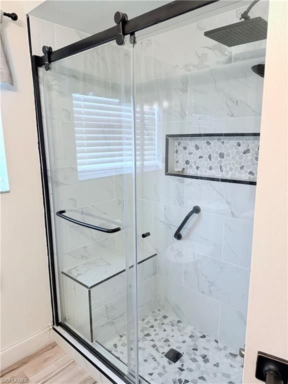 Bathroom, Glass Shower, Interior, Marble Walls, Wood Texture Flooring