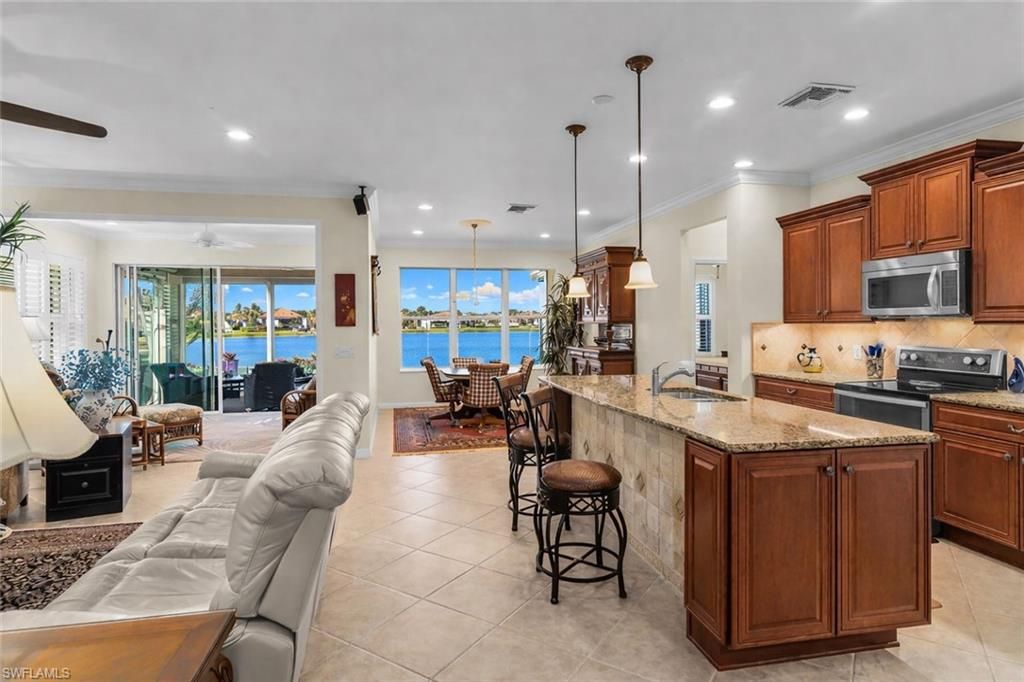 Dining room, Fireplace, Interior, Kitchen, Living room, Pendant Lights, Recessed Lighting, Water