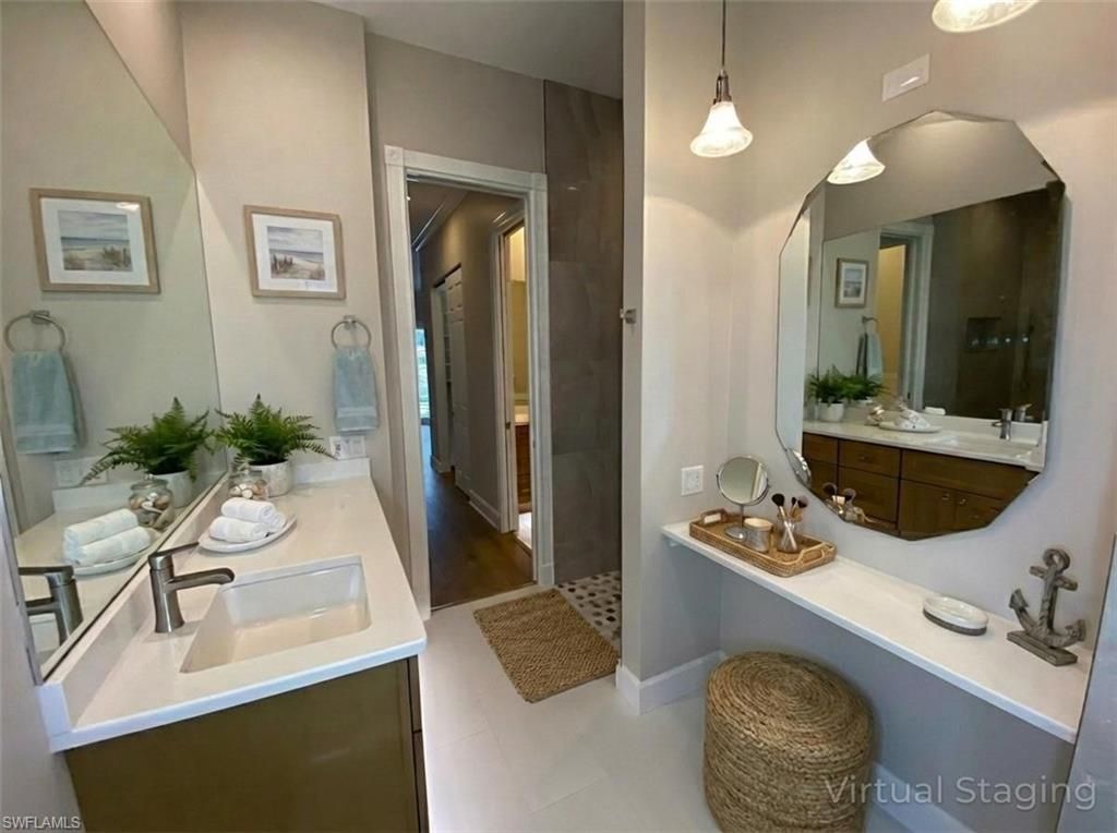 Bathroom, Dual Sink Vanities, Interior, Pendant Lights, Wood Texture Flooring
