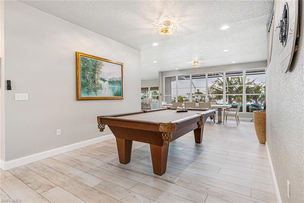 Billiard Table, Dining room, Game Room, Interior, Recessed Lighting, Wood Texture Flooring