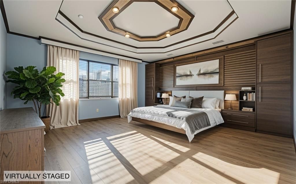 Bedroom, Interior, Recessed Lighting, Wood Texture Flooring