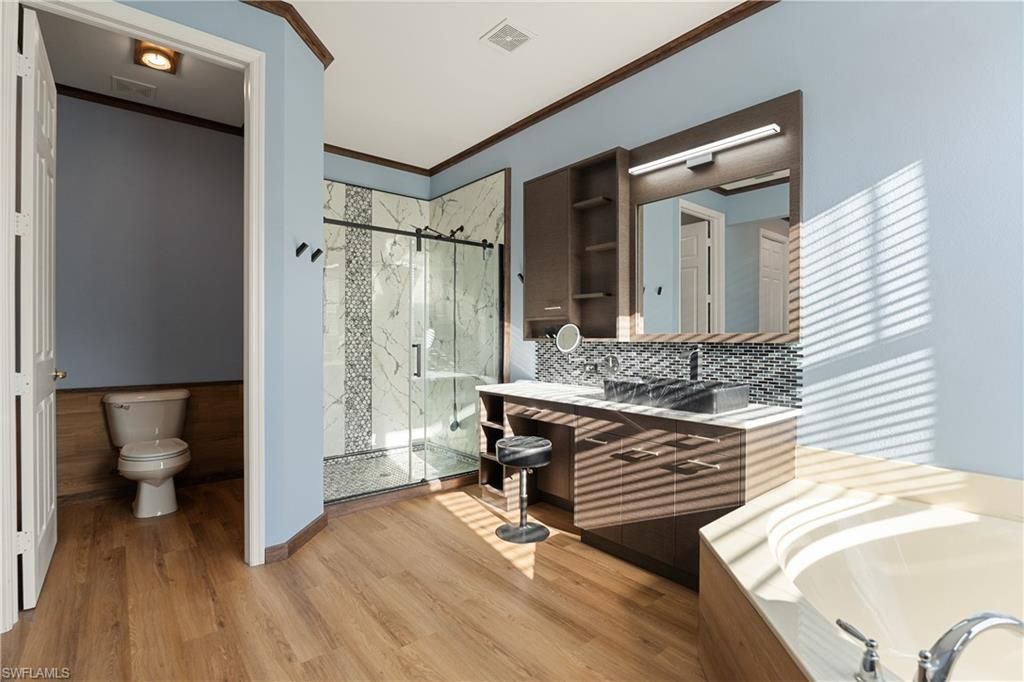 Bathroom, Glass Shower, Interior, Wood Texture Flooring