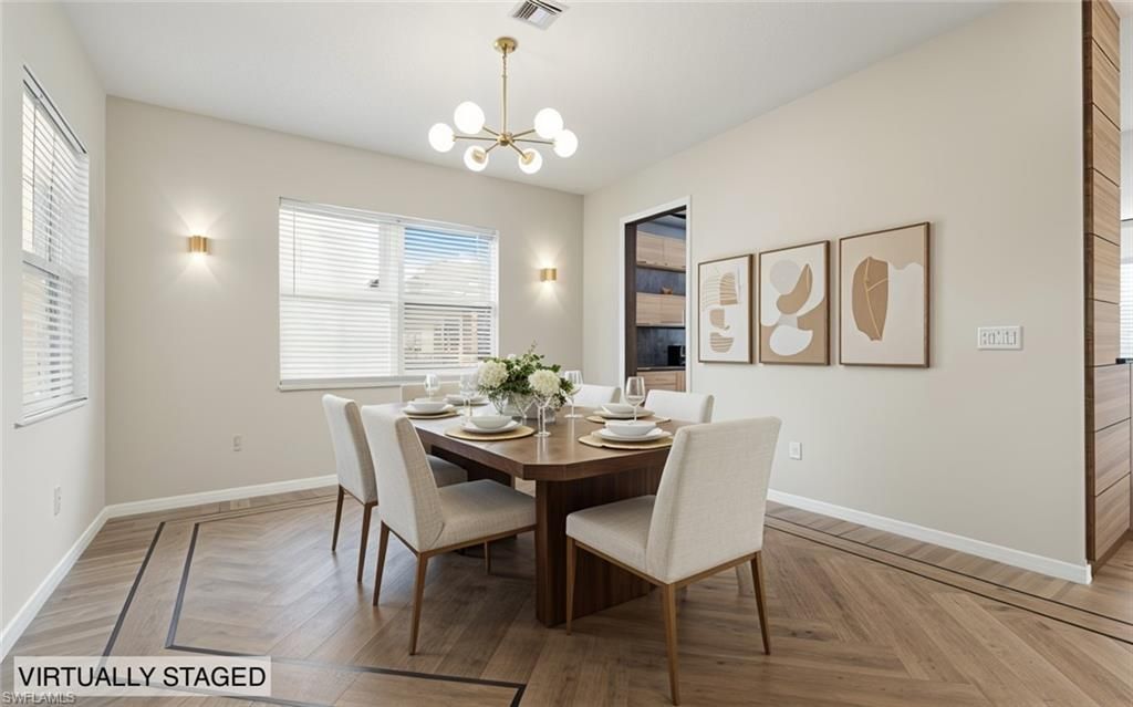 Dining room, Fireplace, Interior, Pendant Lights, Wood Texture Flooring