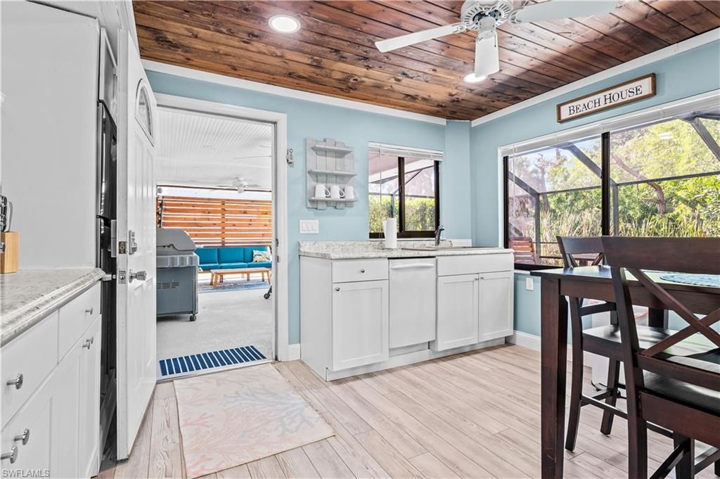 Interior, Kitchen, Recessed Lighting, Wooden Ceilings, Wood Texture Flooring