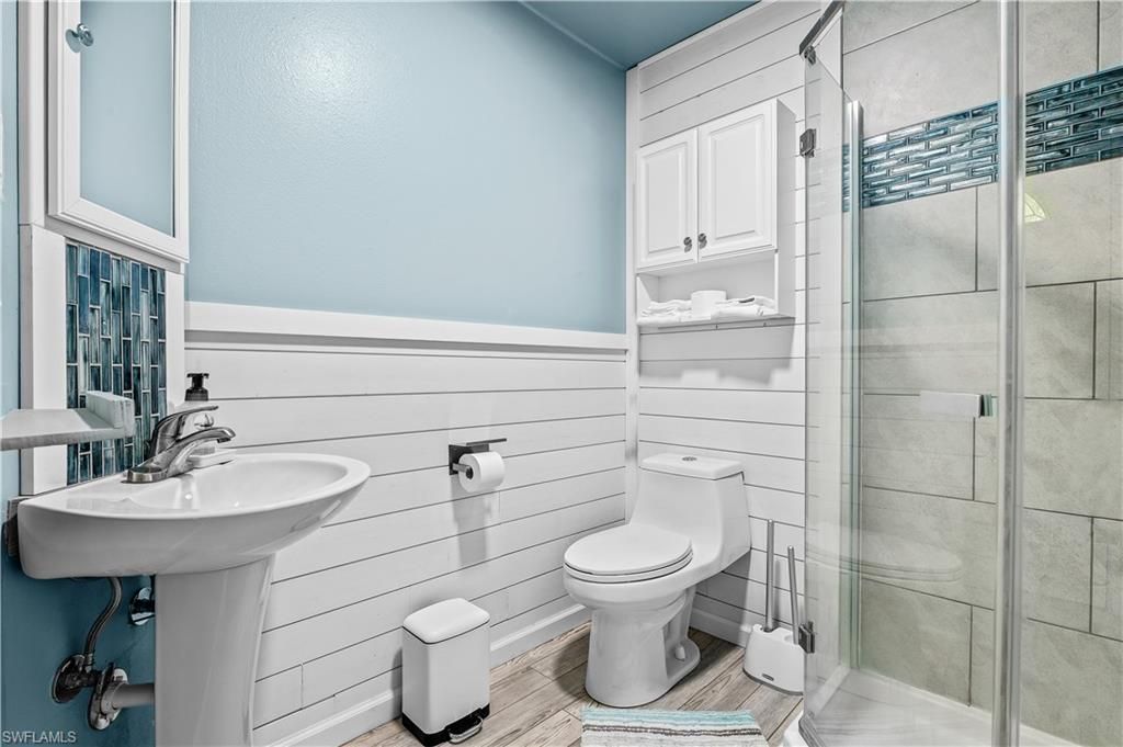 Bathroom, Glass Shower, Interior, Wood Texture Flooring