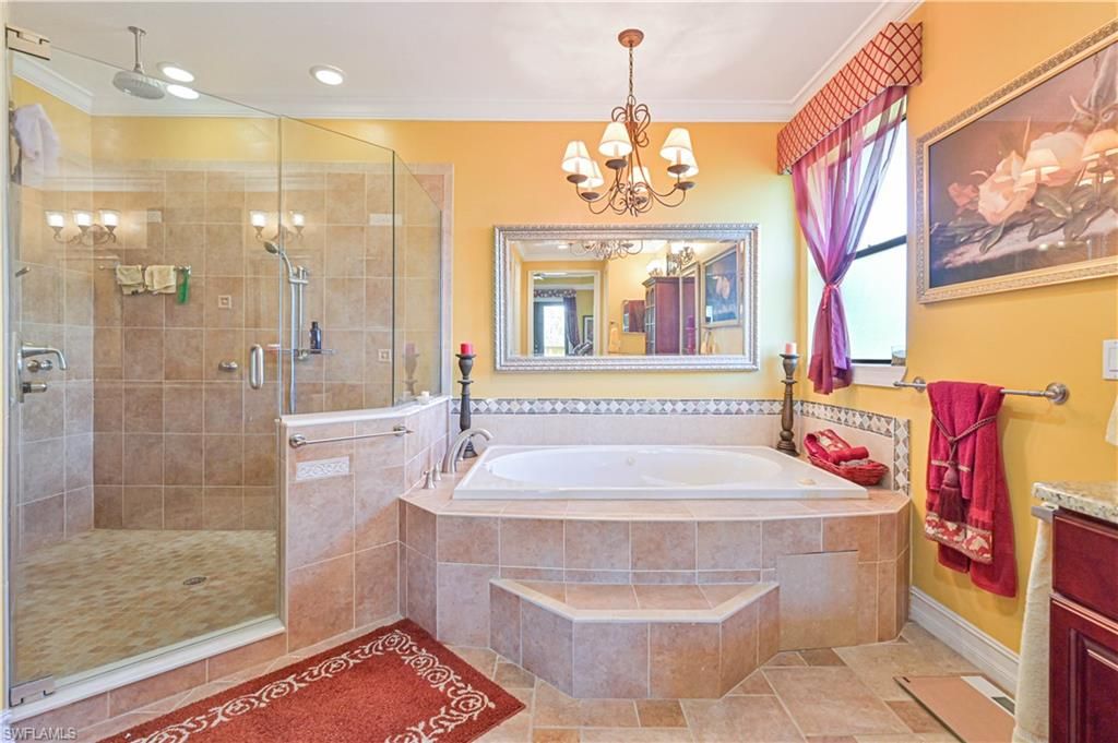 Bathroom, Chandelier, Glass Shower, Interior, Recessed Lighting