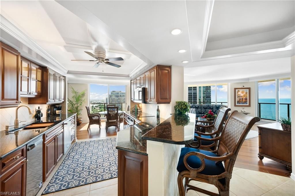 Dining room, Interior, Kitchen, Recessed Lighting, Water, Wood Texture Flooring