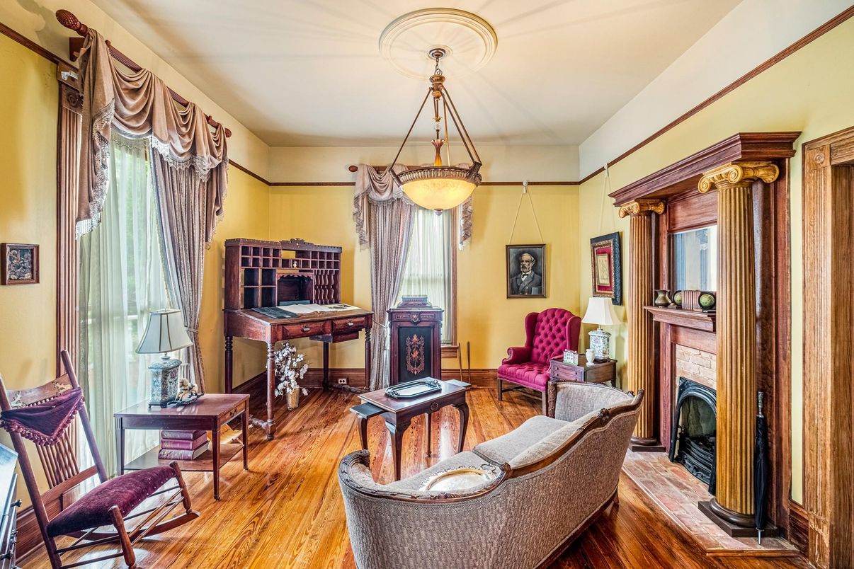 Fireplace, Interior, Living room, Pendant Lights, Wood Texture Flooring