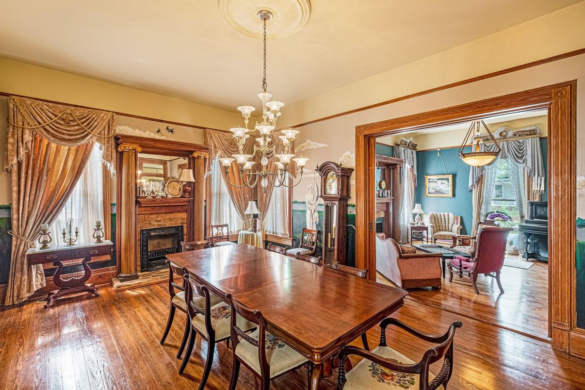 Chandelier, Dining room, Fireplace, Interior, Living room, Pendant Lights, Wood Texture Flooring