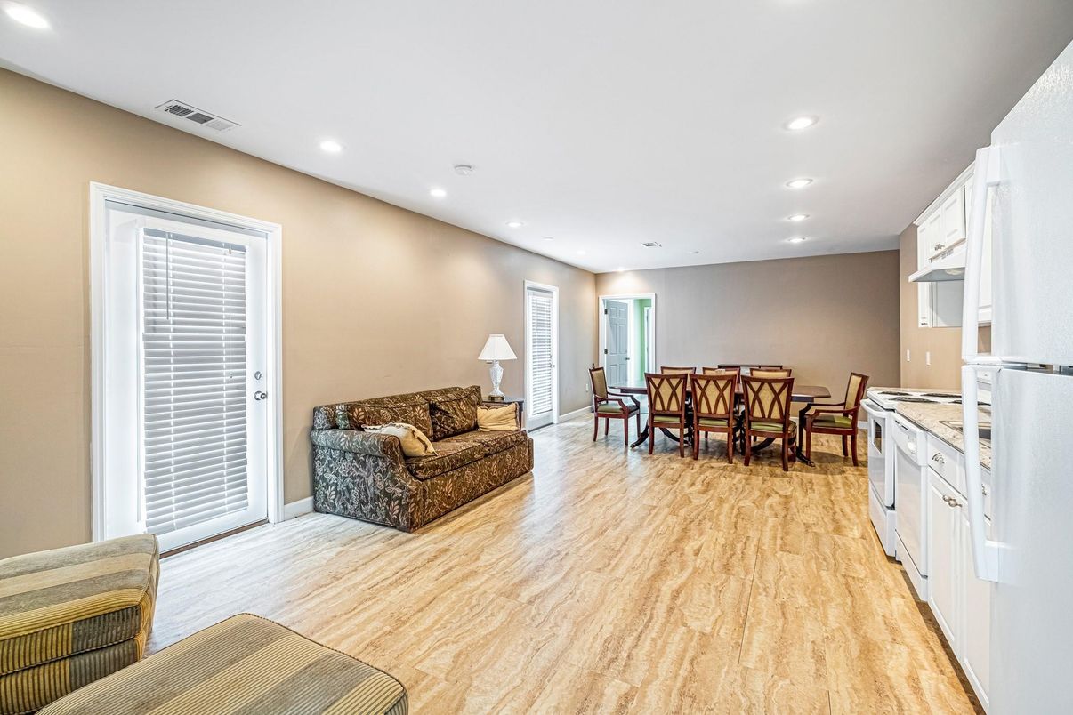 Dining room, Interior, Kitchen, Living room, Recessed Lighting, Wood Texture Flooring