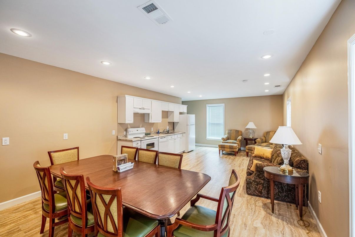 Dining room, Interior, Kitchen, Living room, Recessed Lighting, Stainless Steel Appliances, Wood Texture Flooring