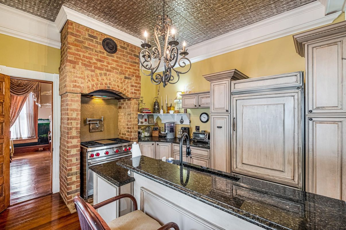 Chandelier, Interior, Kitchen, Stainless Steel Appliances, Stone Walls, Wood Texture Flooring