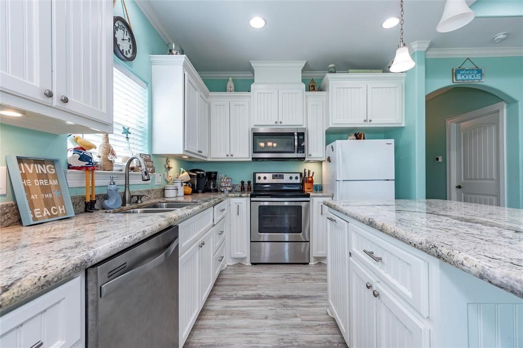 Interior, Kitchen, Pendant Lights, Recessed Lighting, Stainless Steel Appliances, Wood Texture Flooring