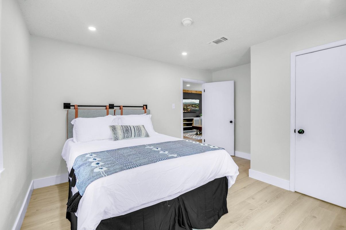 Bedroom, Interior, Recessed Lighting, Wood Texture Flooring