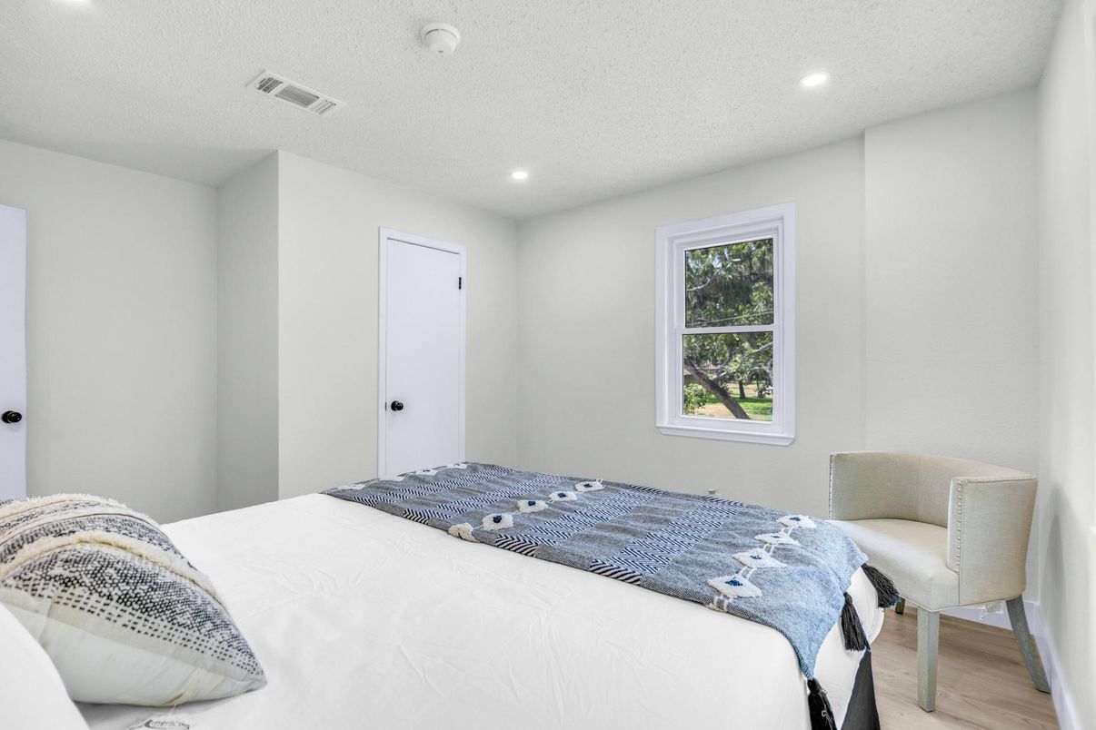 Bedroom, Interior, Recessed Lighting, Wood Texture Flooring
