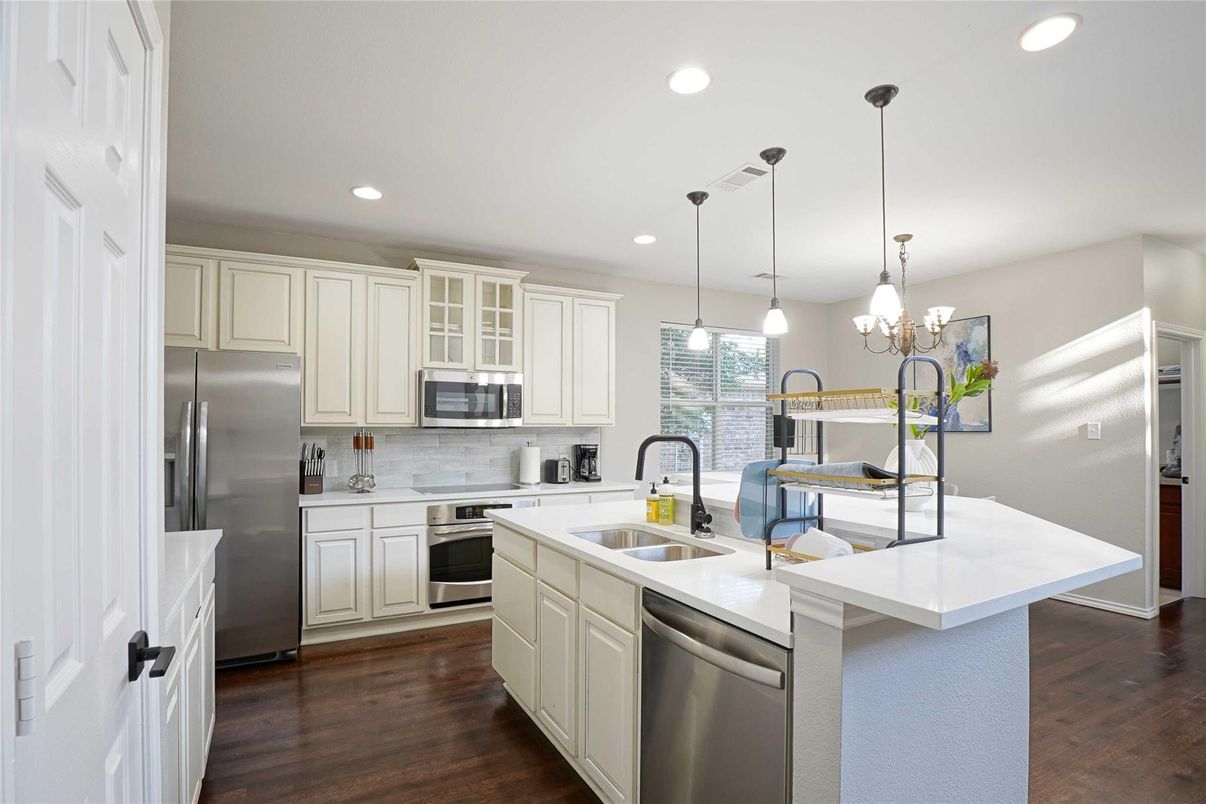 Interior, Kitchen, Pendant Lights, Recessed Lighting, Stainless Steel Appliances, Wood Texture Flooring