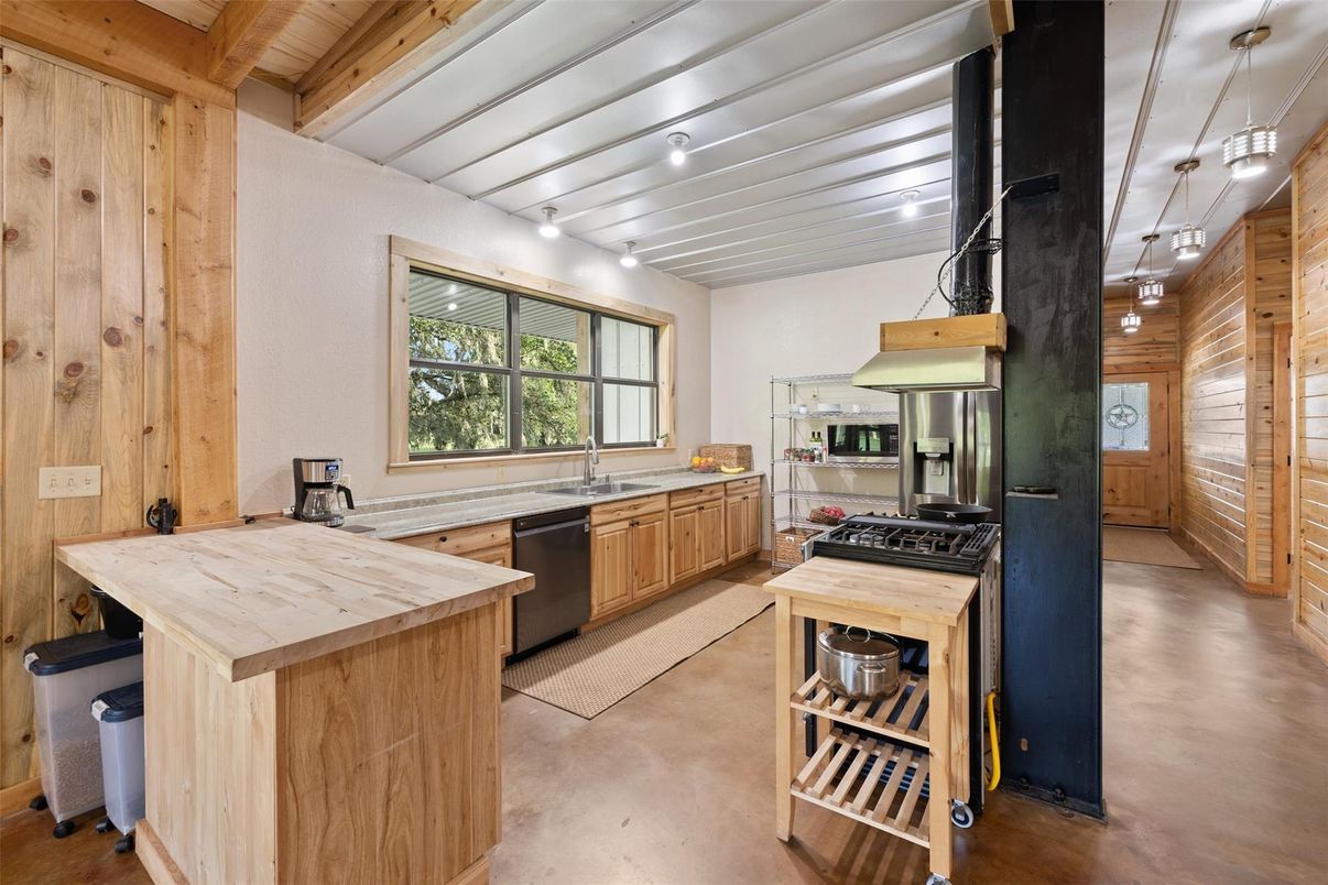 Interior, Kitchen, Stainless Steel Appliances, Wooden Beams, Wooden Ceilings, Wood Texture Flooring, Wooden Walls