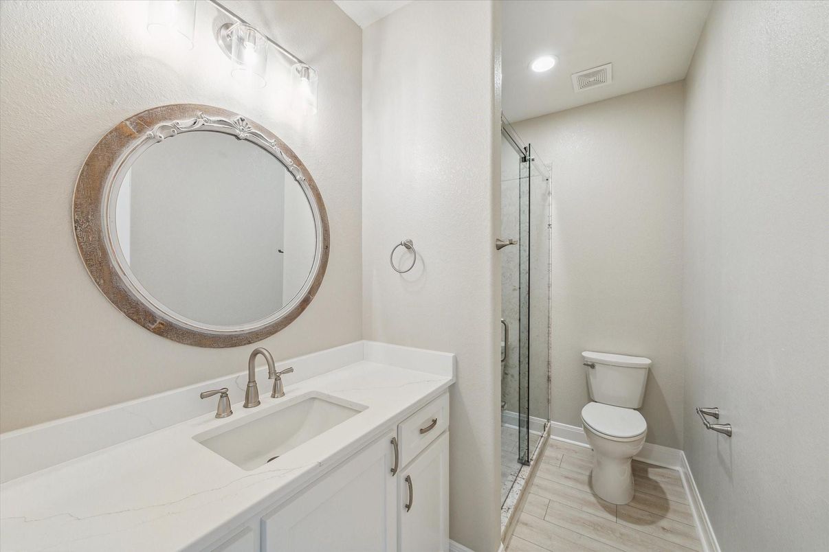 Bathroom, Glass Shower, Interior, Recessed Lighting, Wood Texture Flooring