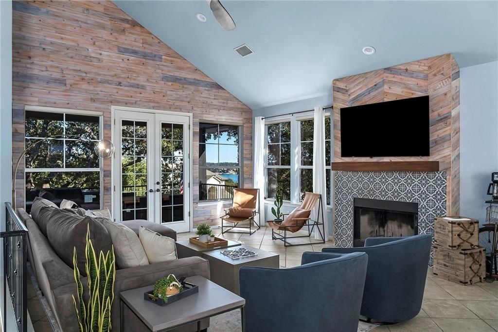 Fireplace, Interior, Living room, Recessed Lighting, Wooden Walls