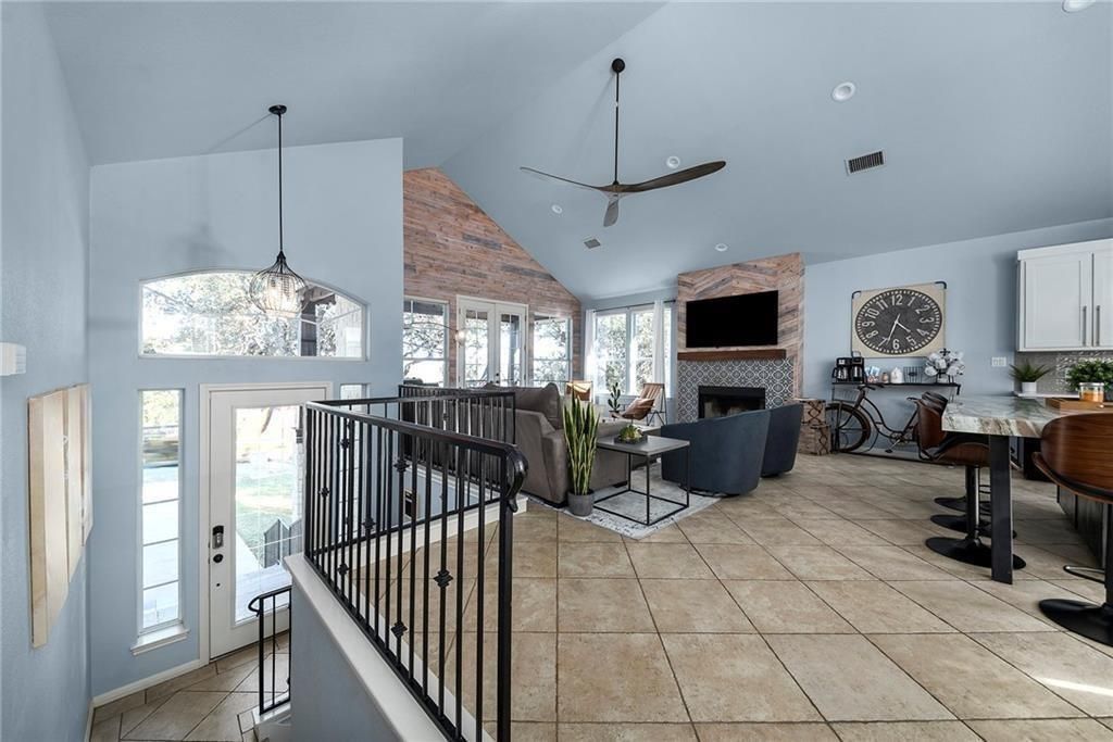 Fireplace, Interior, Living room, Pendant Lights, Recessed Lighting, Stone Walls