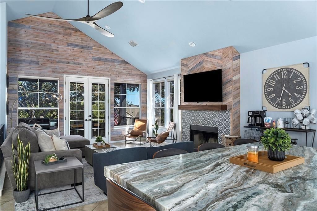 Fireplace, Interior, Living room, Recessed Lighting, Wooden Walls