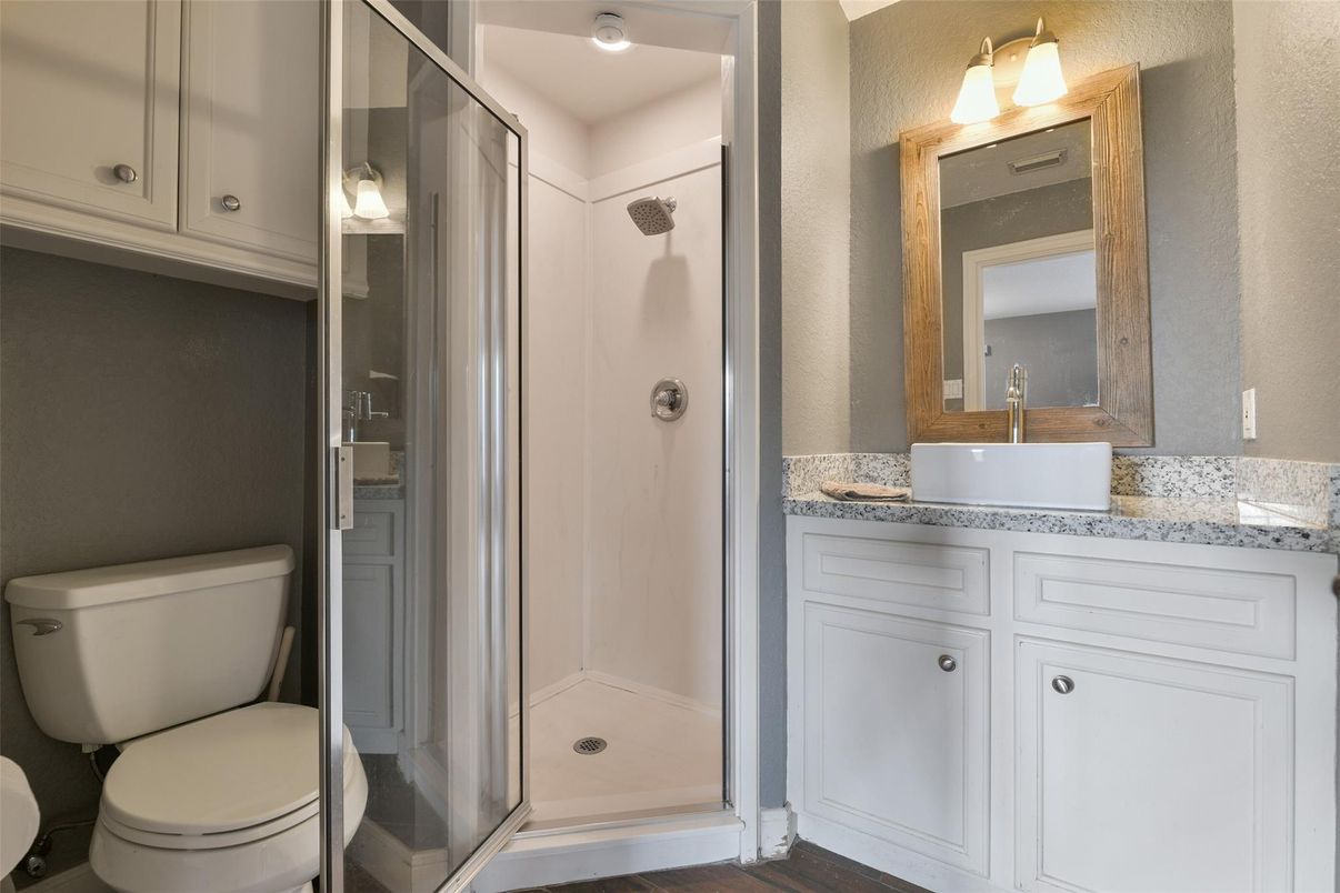 Bathroom, Glass Shower, Interior, Wood Texture Flooring