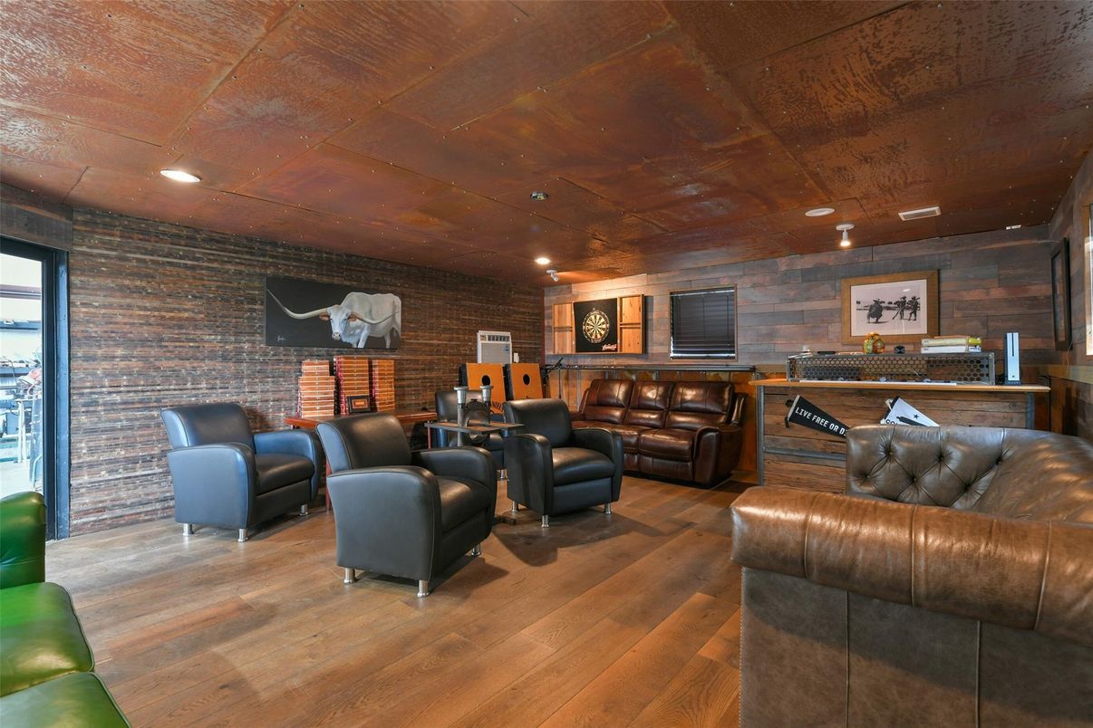 Home Theatre Room, Interior, Recessed Lighting, Stone Walls, Wood Texture Flooring, Wooden Walls