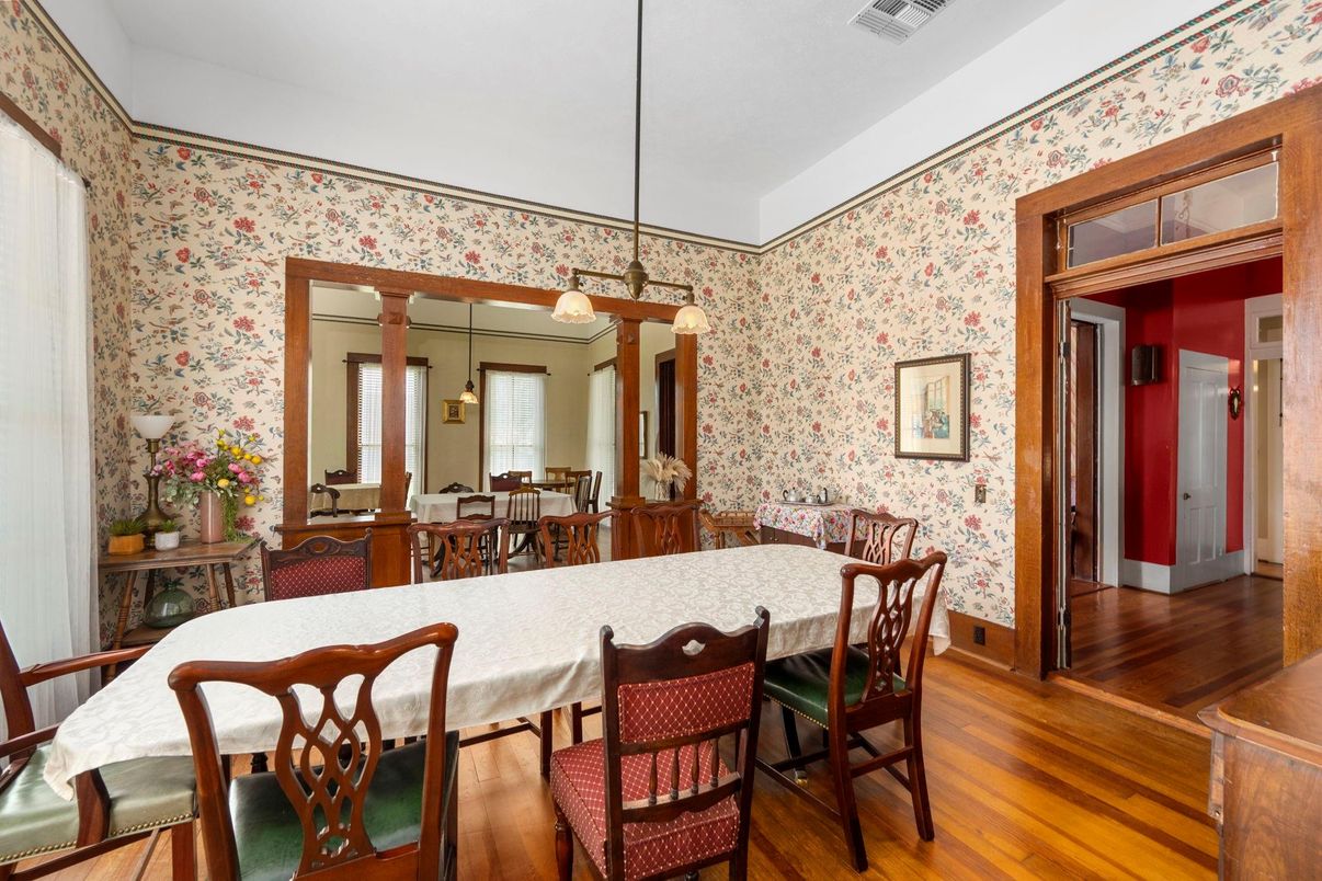 Dining room, Interior, Pendant Lights, Wood Texture Flooring