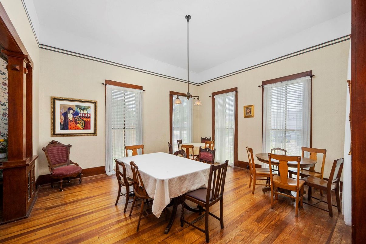 Dining room, Interior, Pendant Lights, Wood Texture Flooring