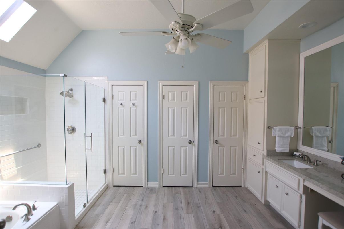 Bathroom, Glass Shower, Interior, Wood Texture Flooring