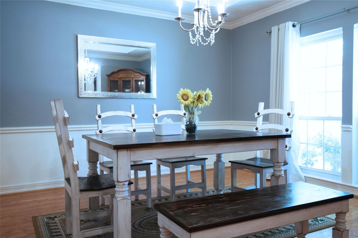 Chandelier, Dining room, Interior, Wood Texture Flooring