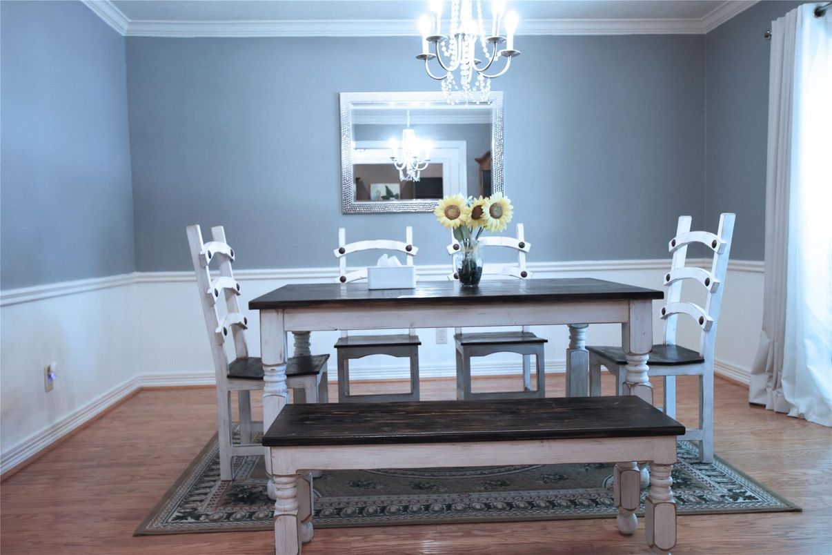Chandelier, Dining room, Interior, Wood Texture Flooring