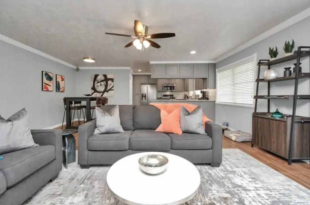 Interior, Kitchen, Living room, Recessed Lighting, Stainless Steel Appliances, Wood Texture Flooring