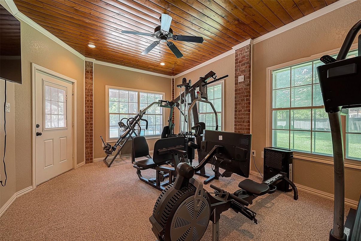 Fitness Equipment, Interior, Recessed Lighting, Stone Walls, Wooden Ceilings