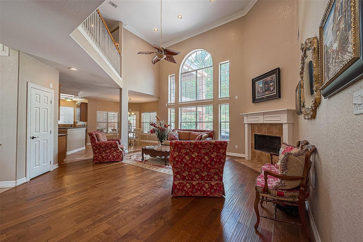 Fireplace, Interior, Living room, Recessed Lighting, Wood Texture Flooring