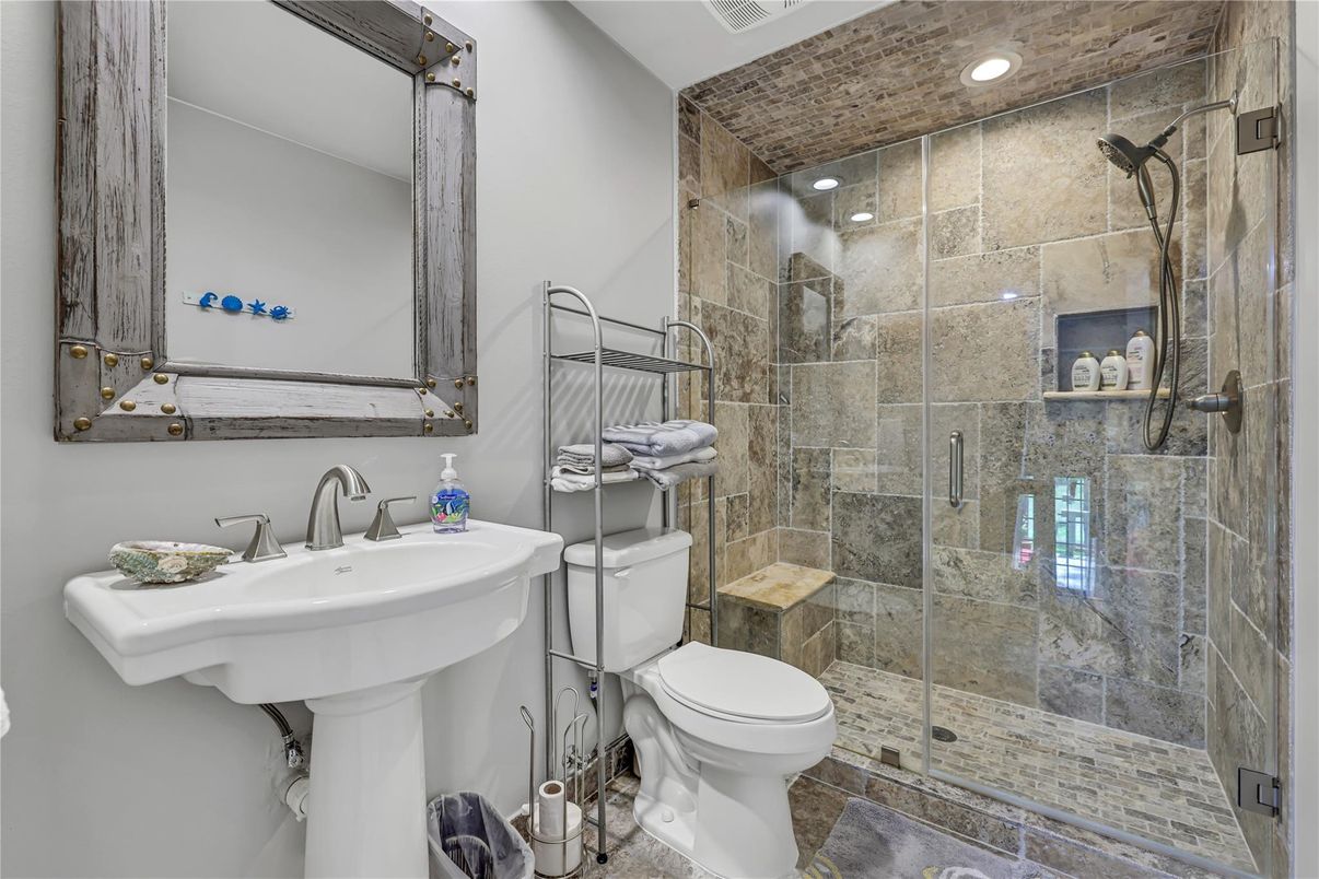Bathroom, Glass Shower, Interior, Recessed Lighting, Stone Walls