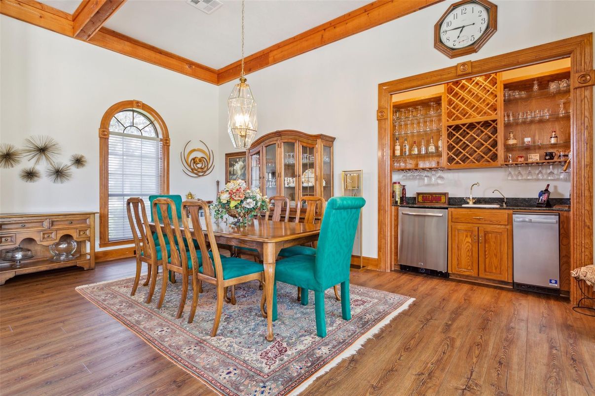 Dining room, Interior, Pendant Lights, Wood Texture Flooring