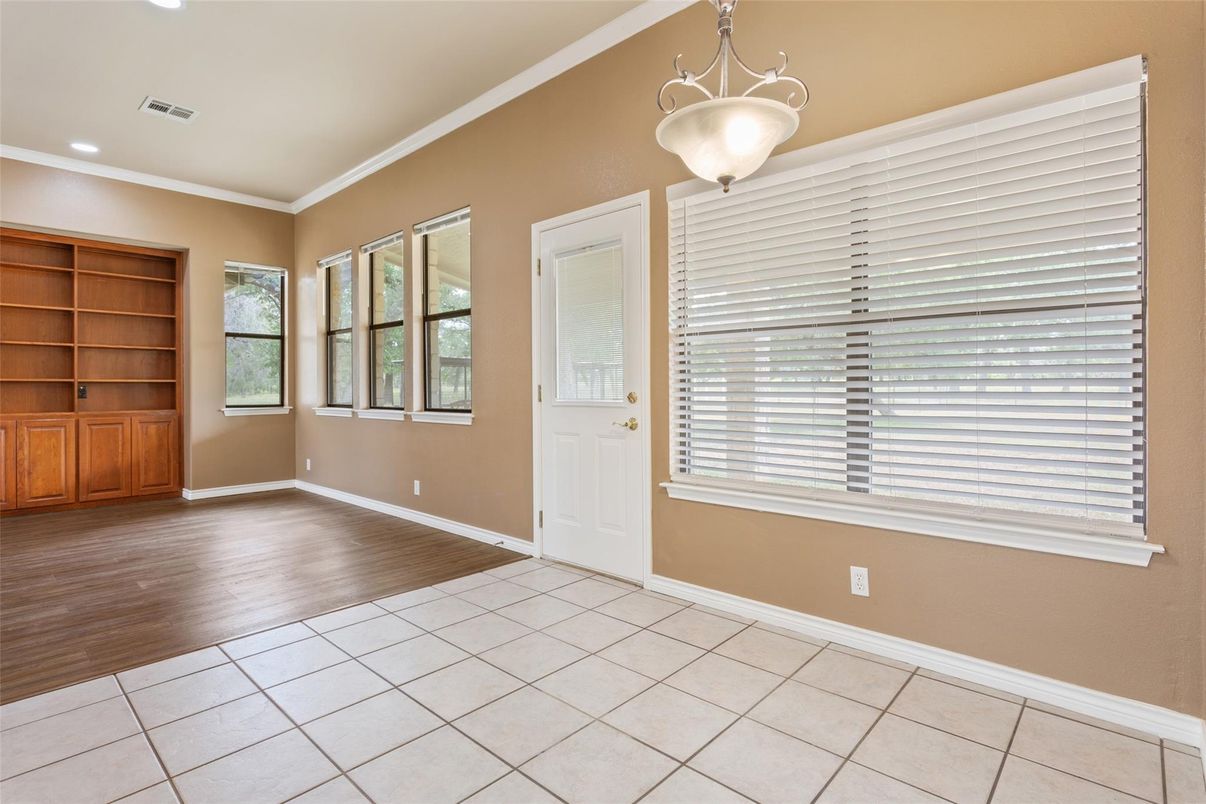 Empty room, Interior, Pendant Lights, Recessed Lighting, Wood Texture Flooring