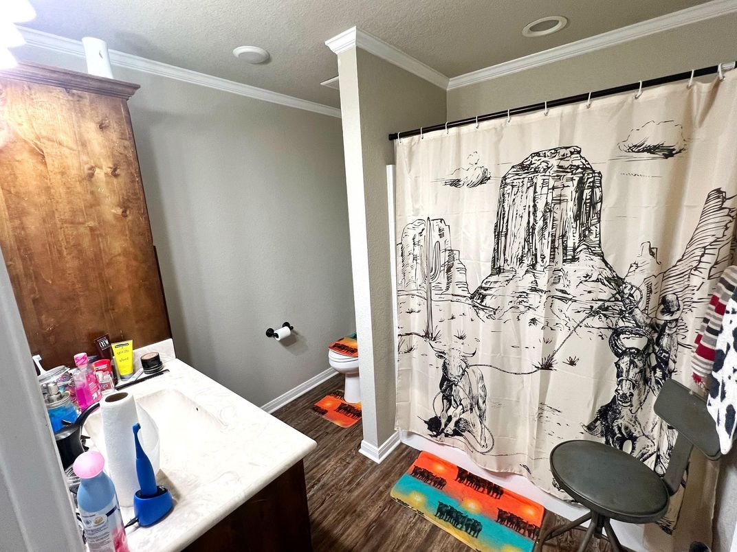 Bathroom, Interior, Recessed Lighting, Wood Texture Flooring