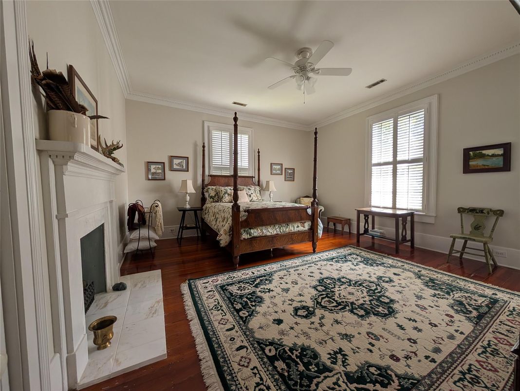 Bedroom, Fireplace, Interior, Wood Texture Flooring