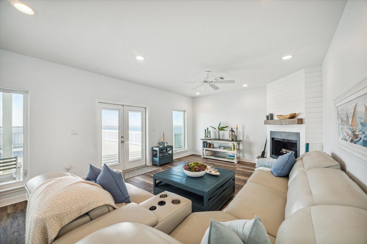 Fireplace, Interior, Living room, Recessed Lighting, Wood Texture Flooring