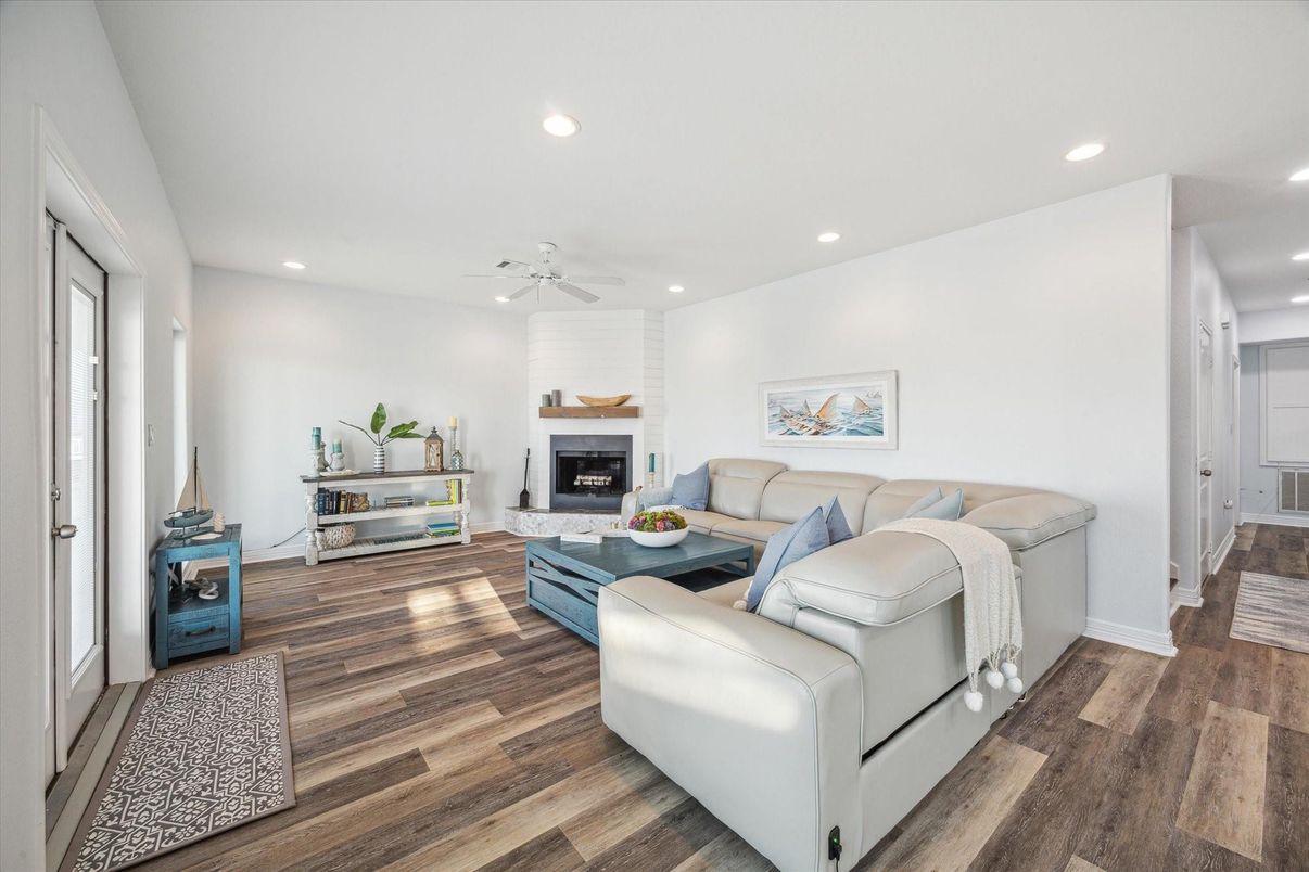 Fireplace, Interior, Living room, Recessed Lighting, Wood Texture Flooring