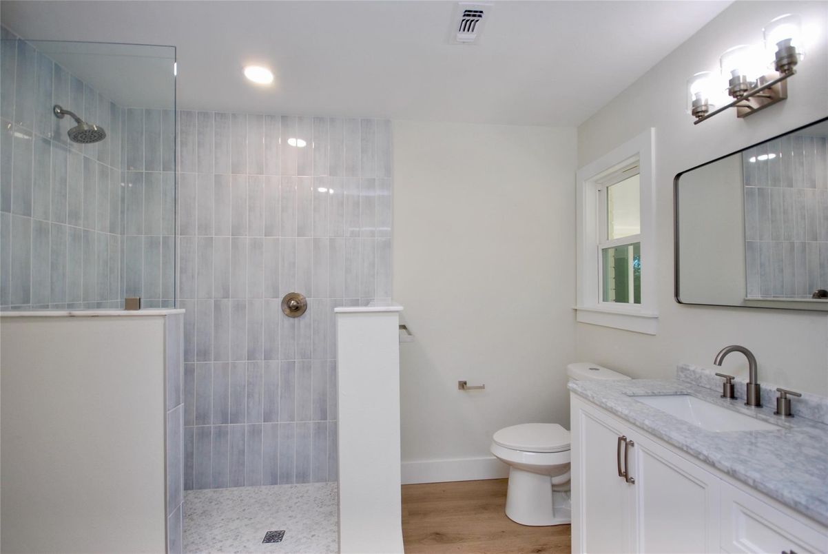 Bathroom, Glass Shower, Interior, Recessed Lighting, Wood Texture Flooring