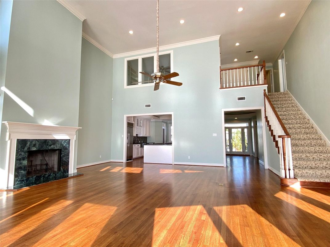Fireplace, Interior, Recessed Lighting, Wood Texture Flooring